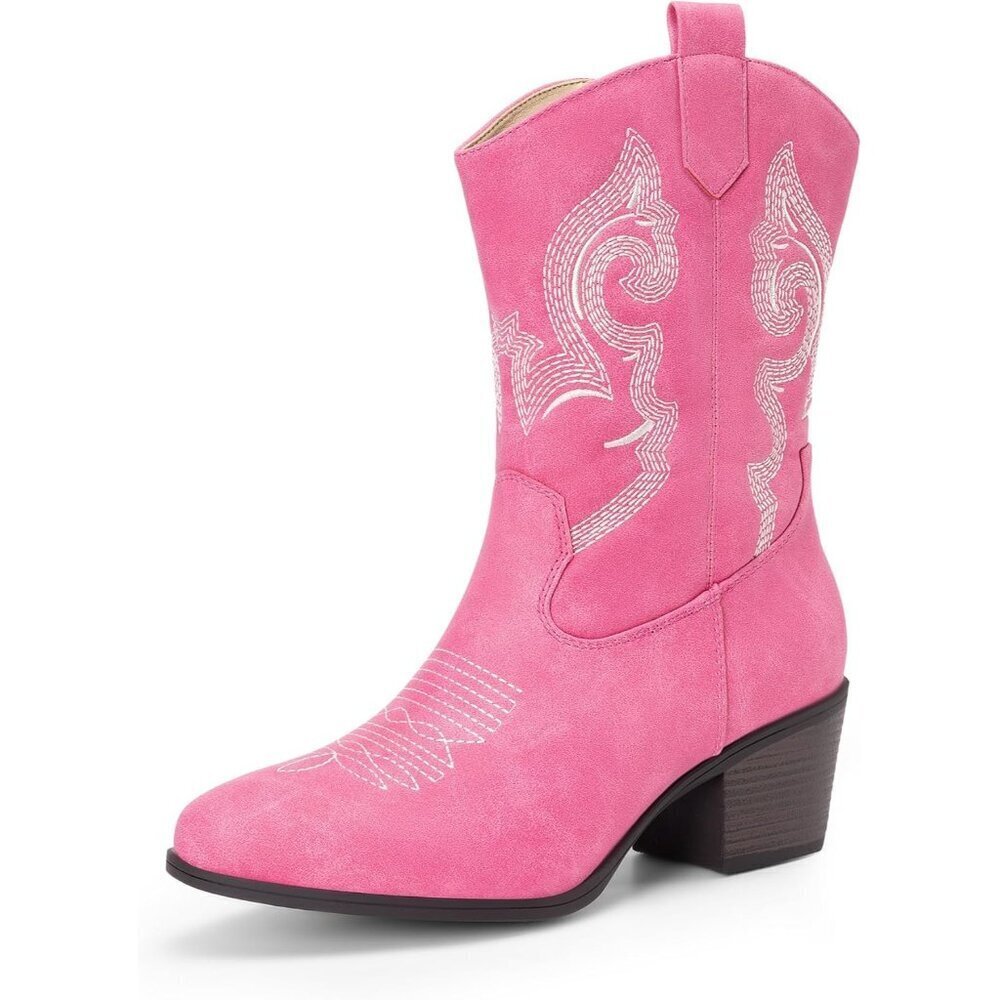 Women Pink Suede leather Embroidered Country Heel Pointed Toe Cowgirl Boots